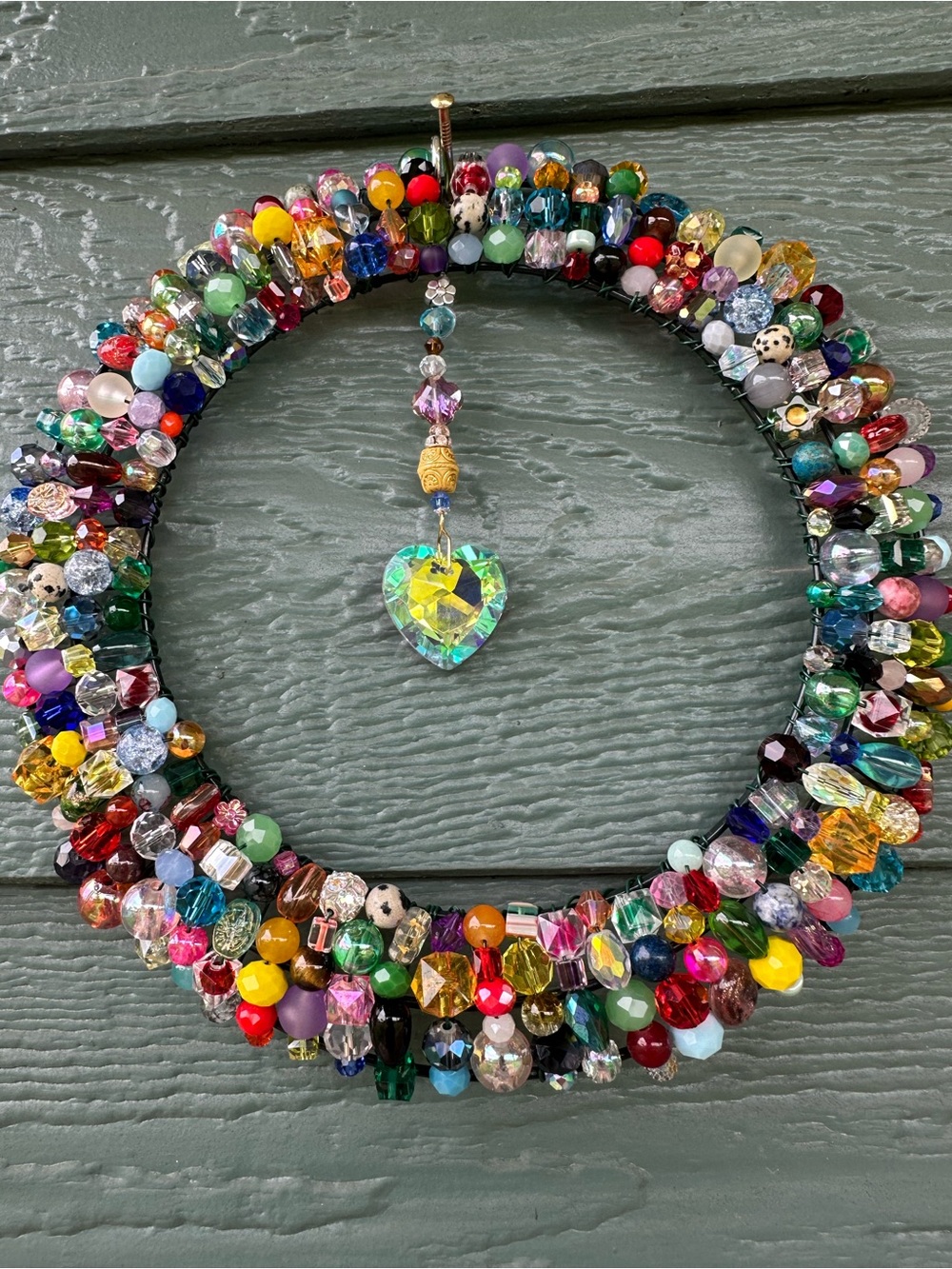 Handmade Multicolor Beaded 8 inch Wreath with Iridescent Heart Suncatcher